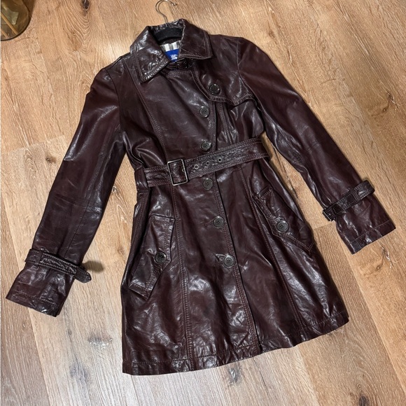 Burberry Burgundy Chocolate Brown Leather Trench Coat Size 38 (US 2) - Picture 3 of 6